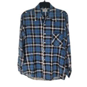 Vtg men's shirt long sleeve cotton‎ flannel medium blue 4" hole in right armpit